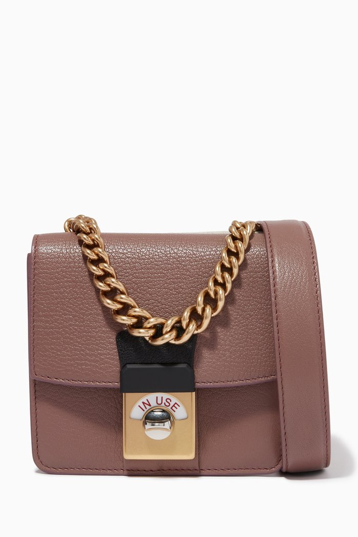 New Lock Mini Square Bag in Grainy Leather & Canvas, Pink
