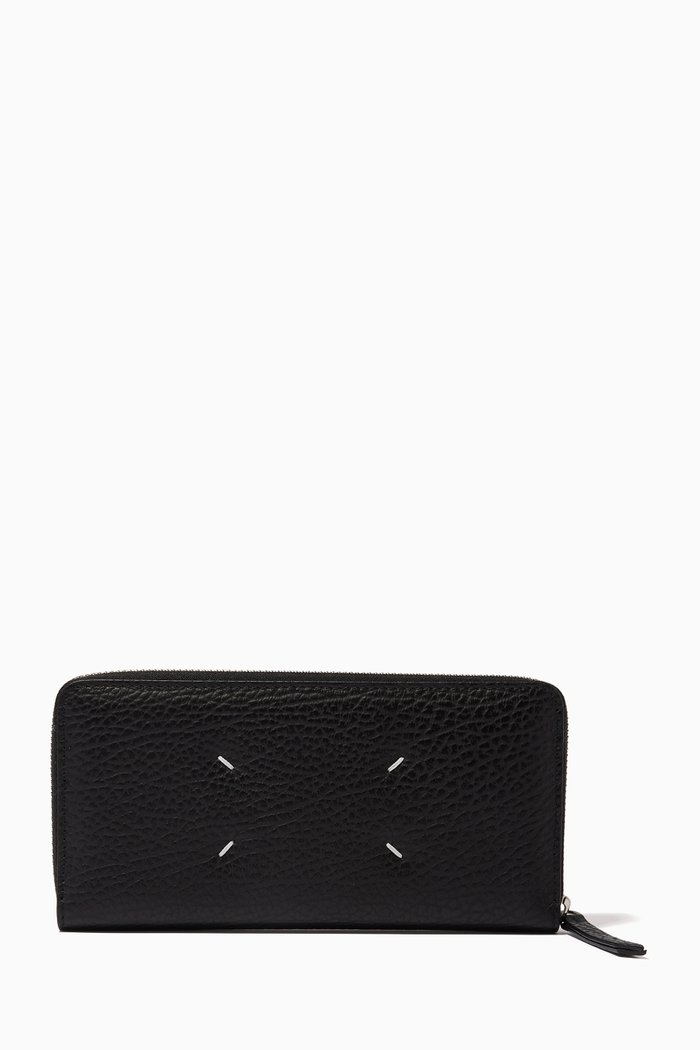 

Four-stitch Long Wallet in Grained Leather, Black
