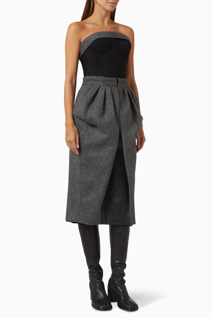 

Woven Midi Dress in Herringbone Wool, Black