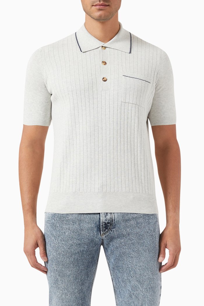 

Ribbed Short Sleeved Polo Shirt in Cotton, Grey