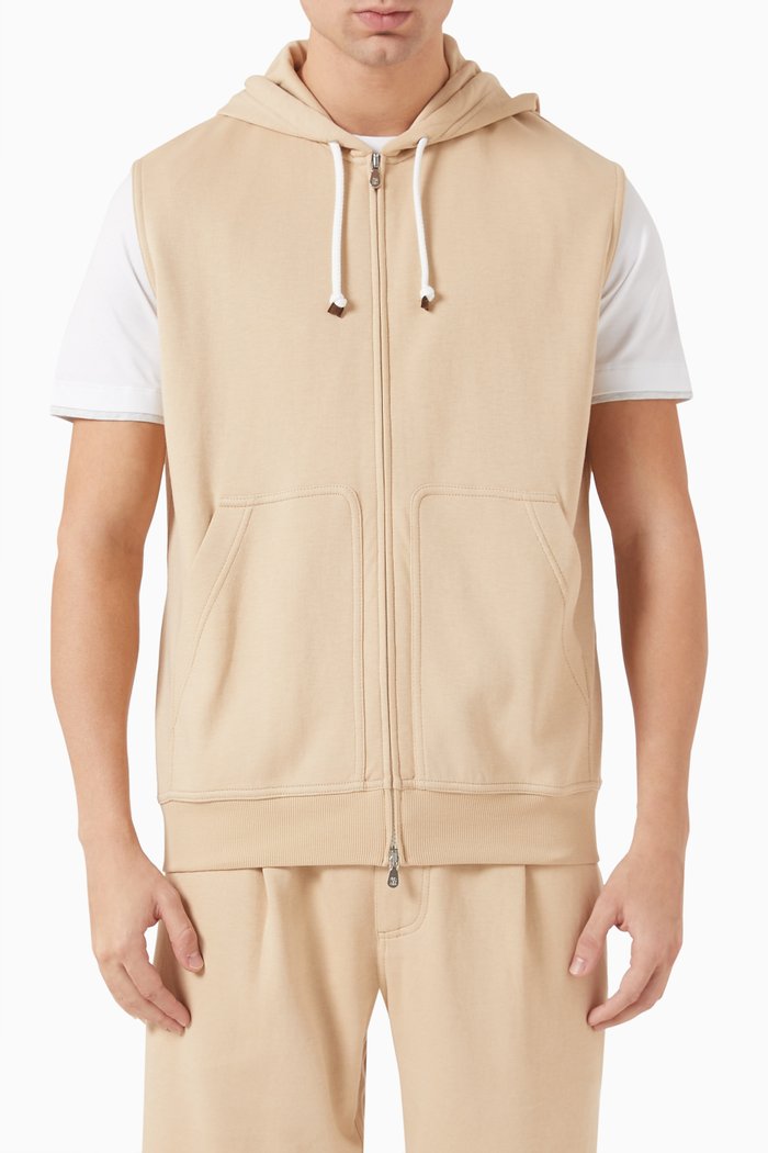 

Sleeveless Hooded Jacket in Cotton Stretch, Brown