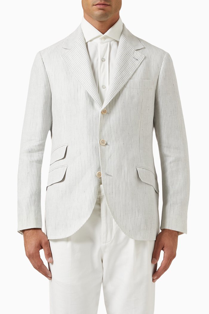 Striped Blazer in Linen, White