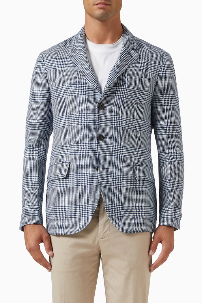 

Prince of Wales Deconstructed Blazer in Linen & Wool, Blue