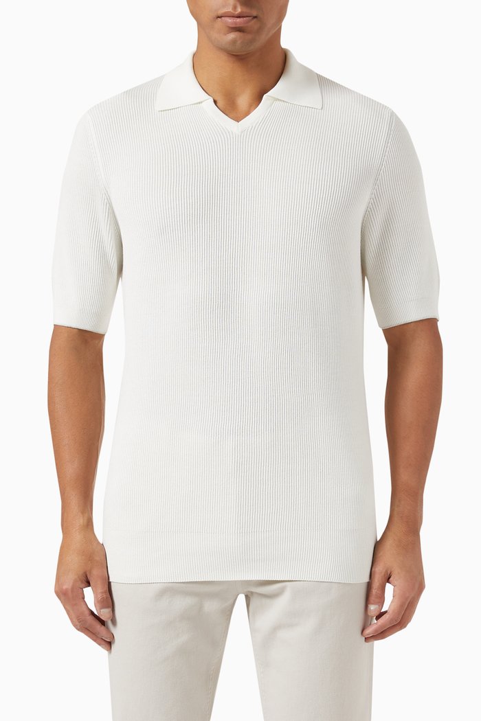 Ribbed Knit Polo Top in Cotton, White