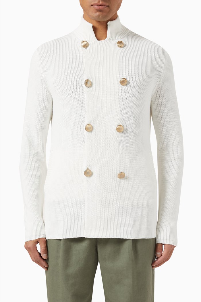 

Double-breasted Cardigan in Ribbed Cotton, White