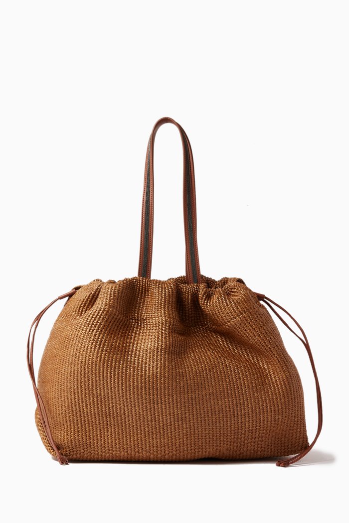 

Techno Shopper Handbag in Raffia & Cotton, Brown