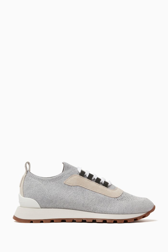 

Embellished Lace-up Sneakers in Knit & Suede, Grey