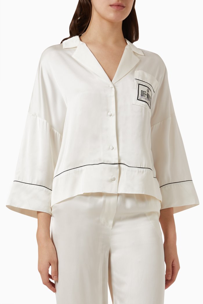 

70s Logo Pyjama Cropped Shirt in Satin, White