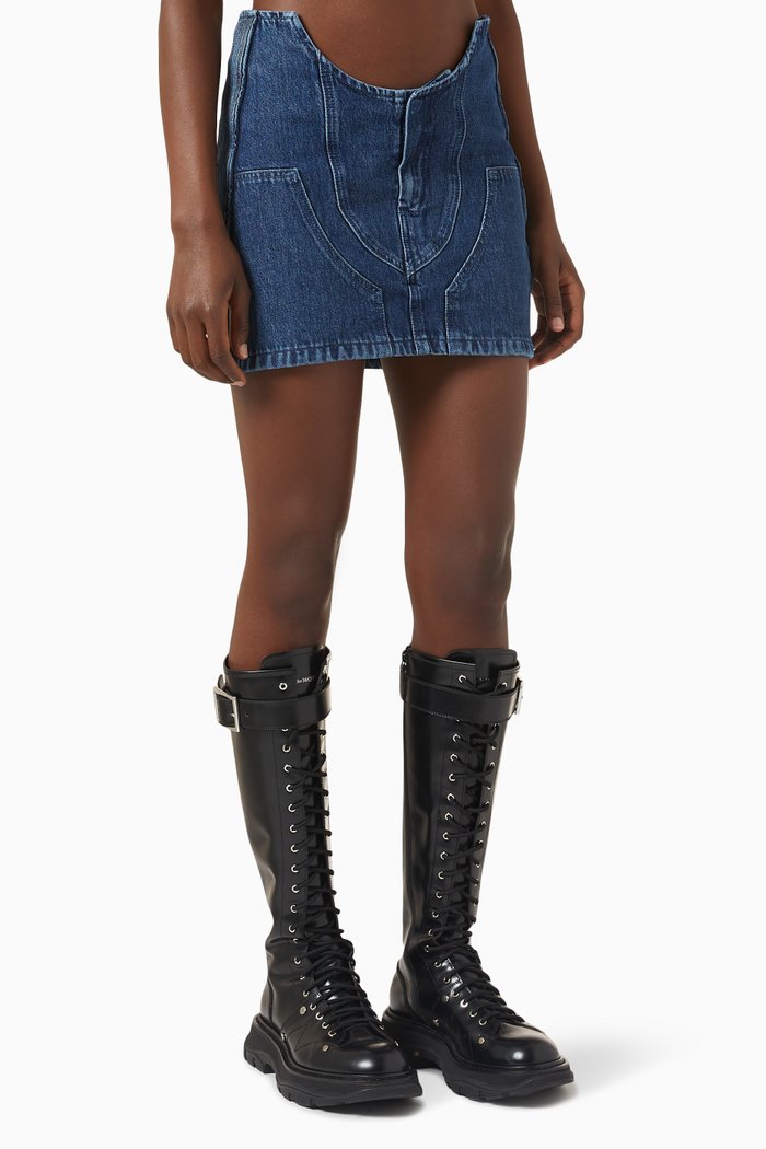 Motorcycle Hole Mini Skirt in Denim, Blue