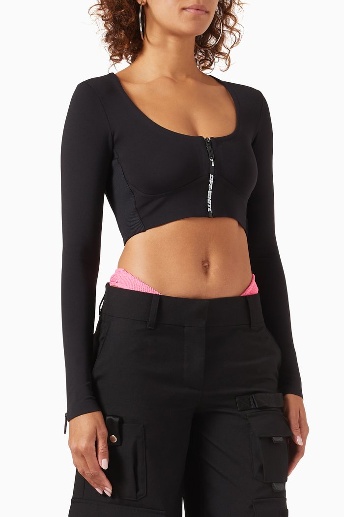 

Zip Logo Long-sleeve Crop Top in Technical Jersey, Black