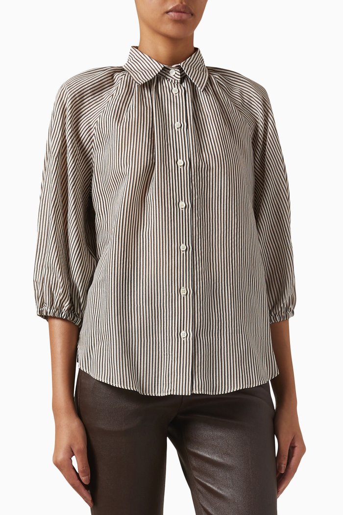 

Puff Sleeve Buttoned Blouse in Cotton & Silk, Neutral