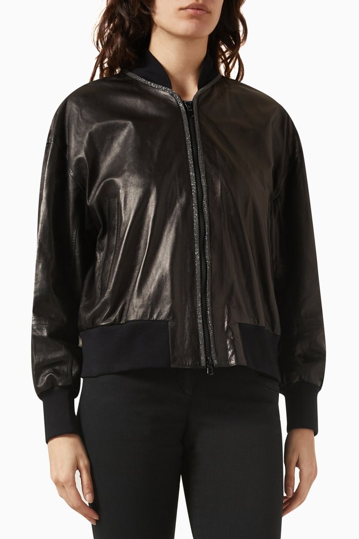 

Cropped Bomber Jacket in Leather, Black