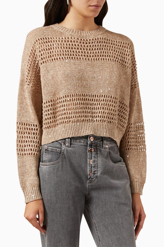 

Open Work Knitted Sweater in Linen, Neutral