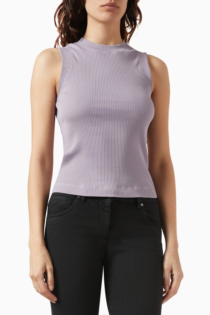 

High Neck Tank Top in Ribbed-knit Cotton, Purple