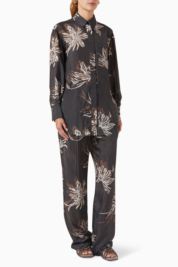 

Marine Flower Printed Jumpsuit in Silk-pongee, Grey