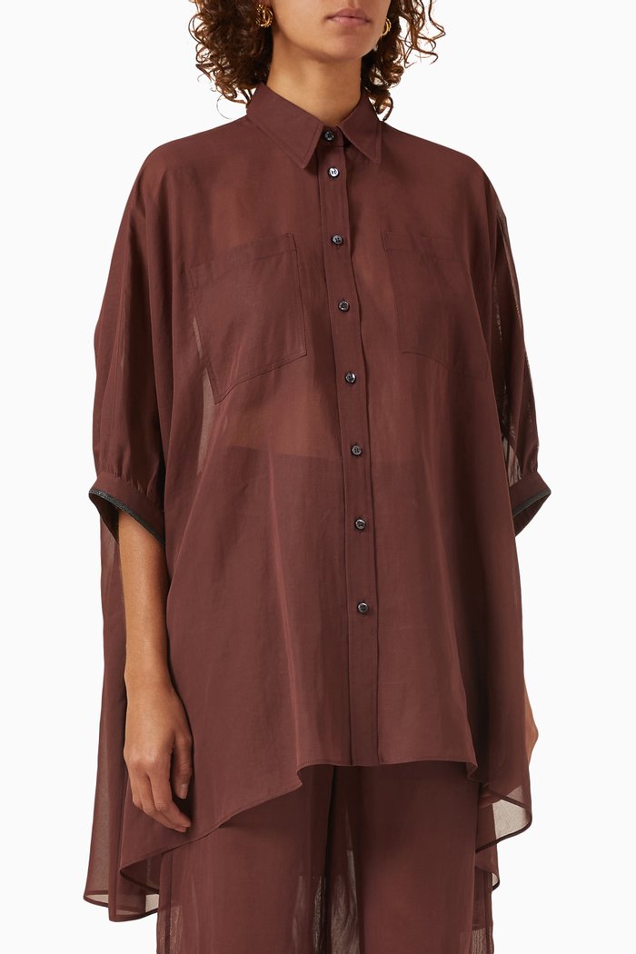 

Flared Asymetrical-hem Blouse in Semi-sheer Cotton, Burgundy