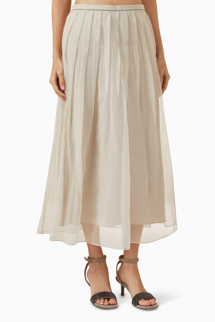 

Pleated Layered Midi Skirt in Silk, Neutral