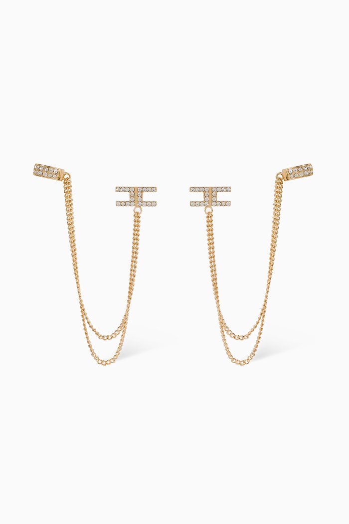 

Rhinestone Logo Cuff Earrings in Metal, Gold