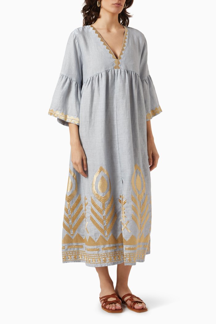 

V-neck Embroidered Midi Dress in Linen, Grey