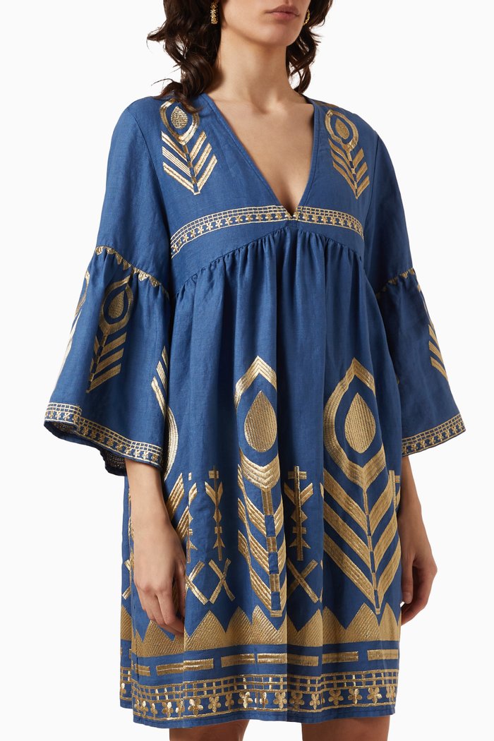 

V-neck Embroidered Mini Dress in Linen, Blue