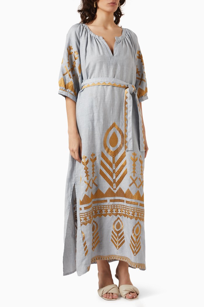 

Belted Embroidered Maxi Dress in Linen, Grey
