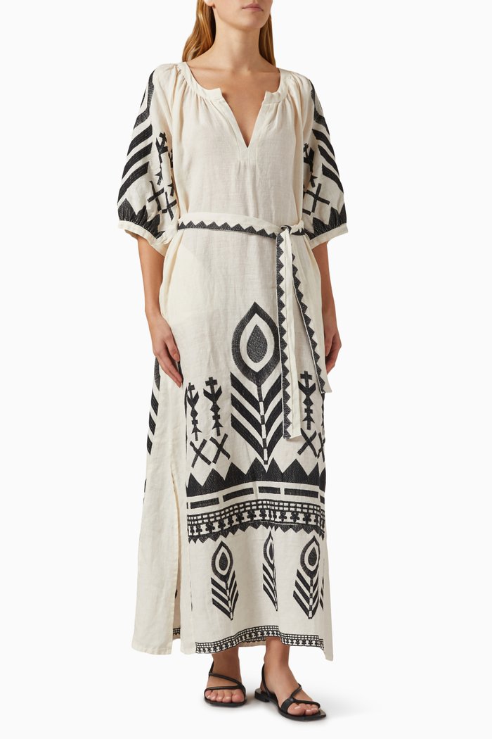 

Belted Embroidered Maxi Dress in Linen, Neutral
