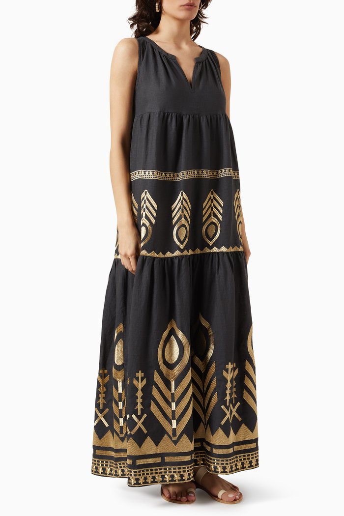 

Embroidered Maxi Dress in Linen, Black