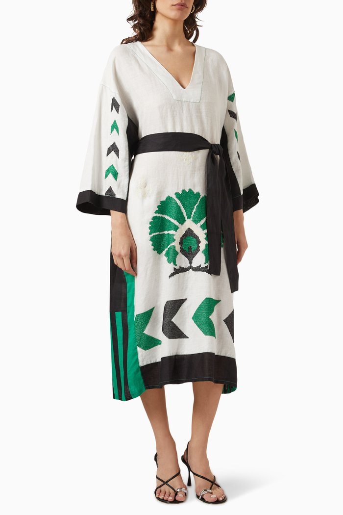 

Peacock Embroidered Midi Kaftan in Linen, Multicolour
