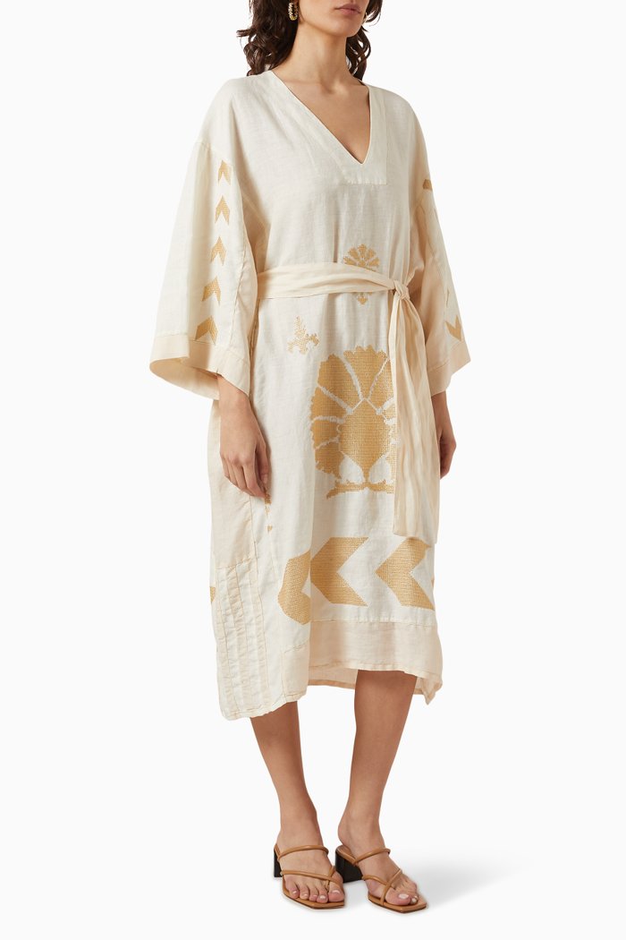 

Peacock Embroidered Midi Kaftan in Linen, Neutral