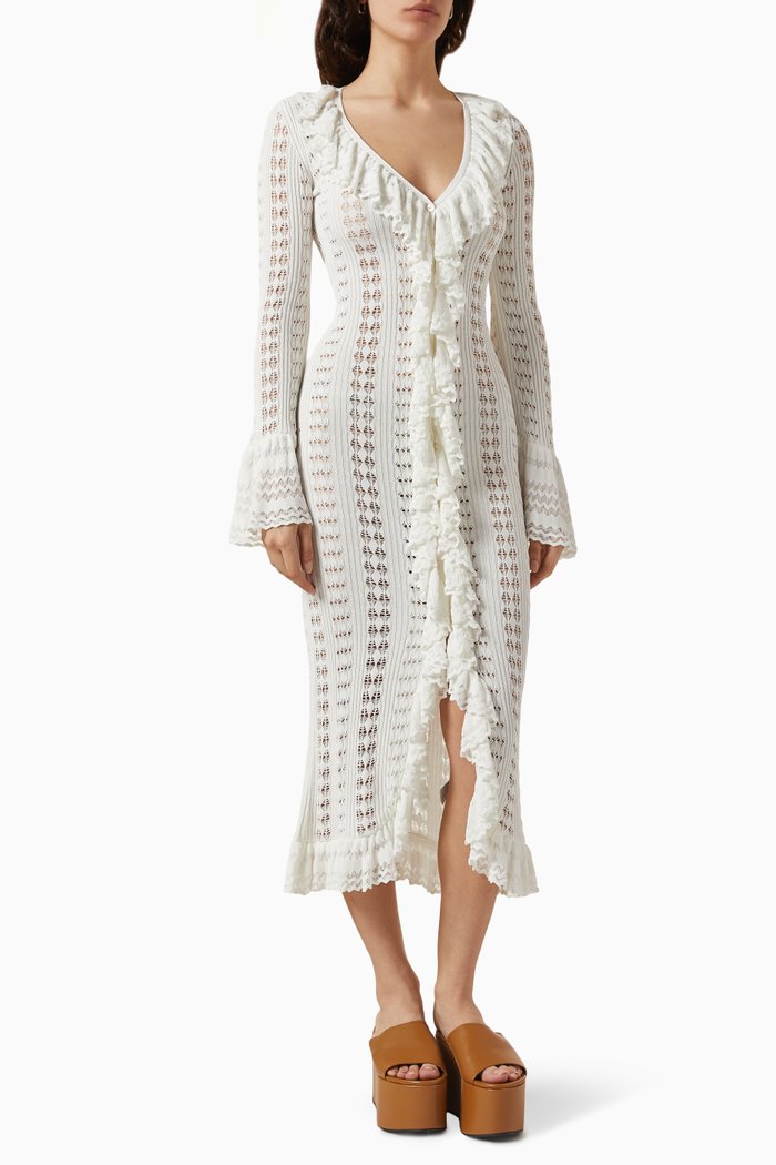

Ruffled Sweater Maxi Dress in Viscose-blend, White