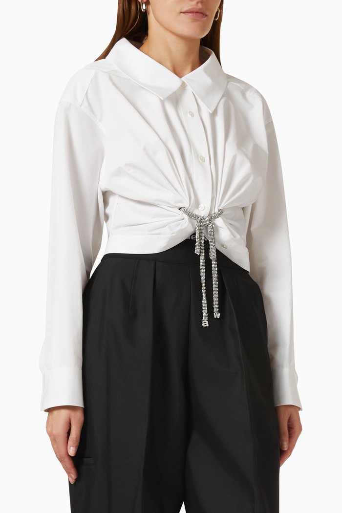 

Crystal Bow-tie Cropped Shirt in Cotton-poplin, White