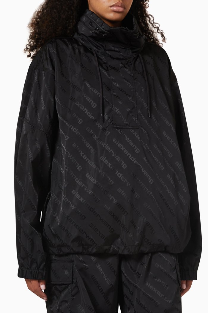 

Half-zip Hooded Track Jacket in Jacquard Nylon, Black