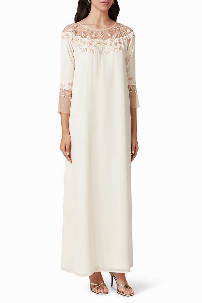 

Embellished Kaftan in Crepe & Tulle, White
