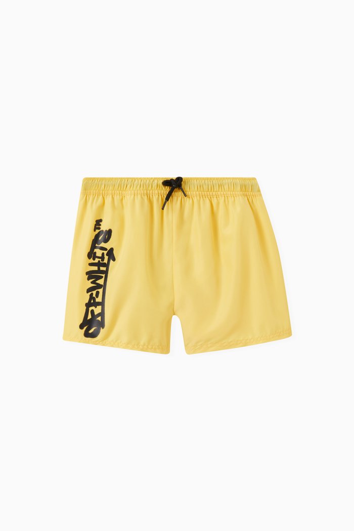 Graffiti Logo Print Swim Shorts in Nylon, Yellow