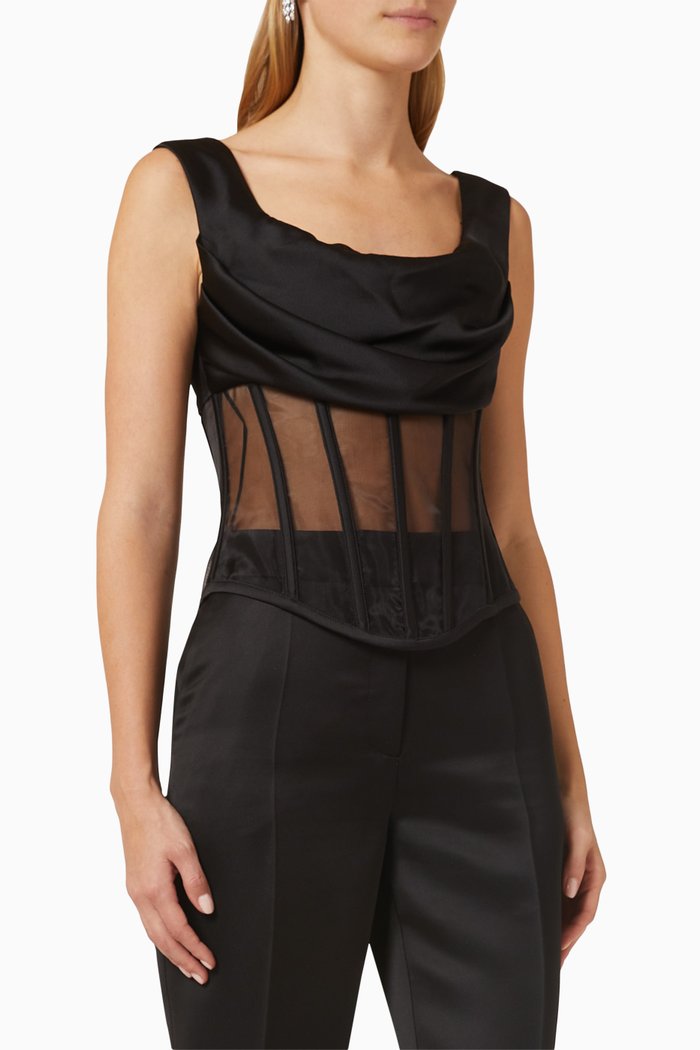 

Draped Corset Top in Satin & Mesh, Black
