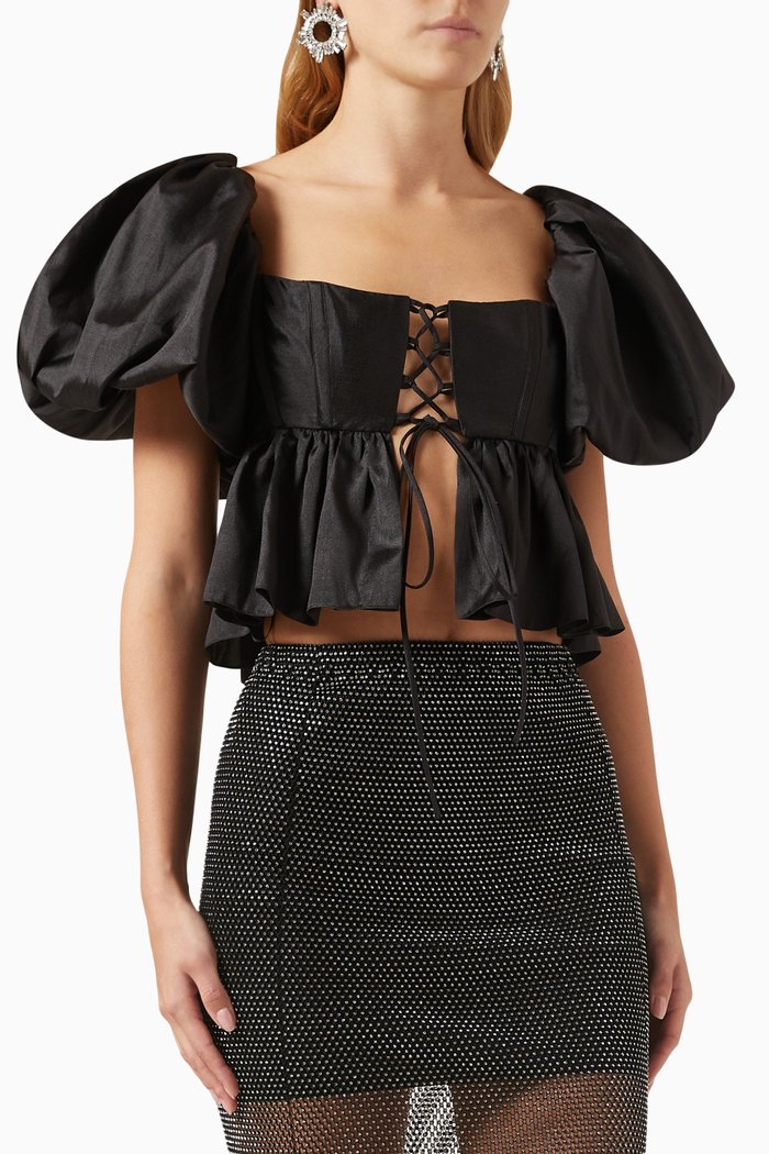 Puff-sleeve Crop Top in Taffeta, Black