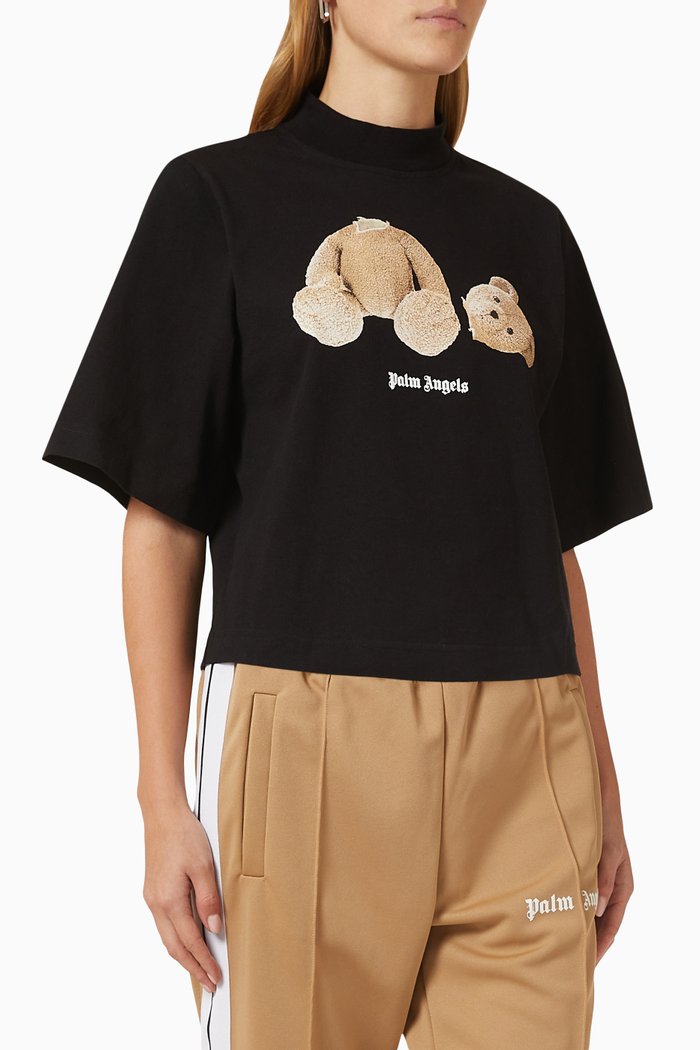 Bear Logo Cropped T-shirt in Cotton Jersey, Black