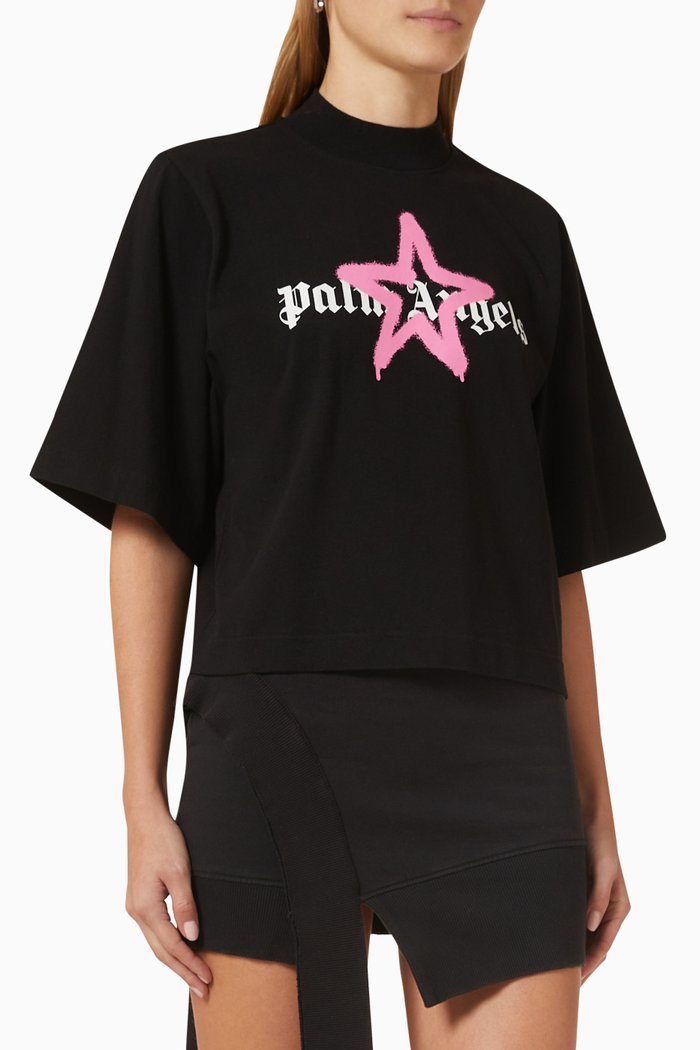 

Star Sprayed Logo Cropped T-shirt in Cotton Jersey, Black