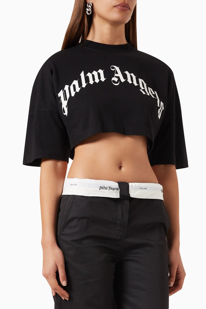 

Curved Logo Zipped Crop T-shirt in Cotton-jersey, Black