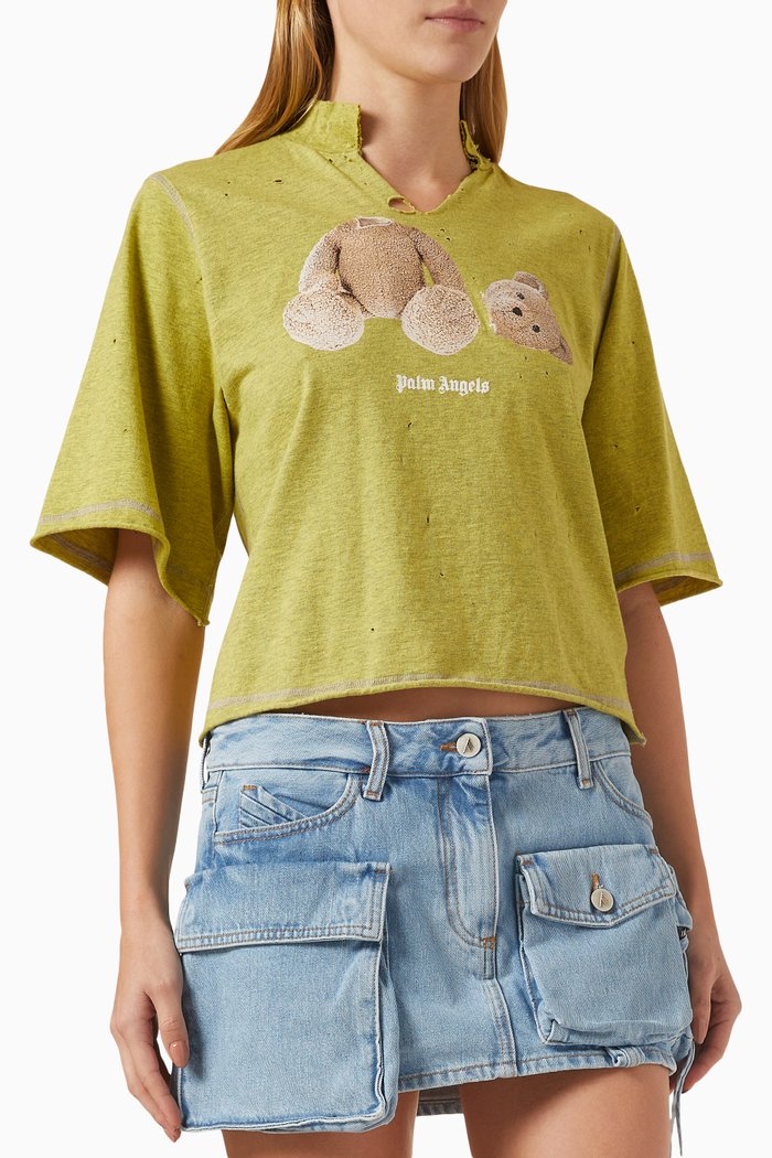 

Distressed Bear Crop Top in Jersey, Yellow