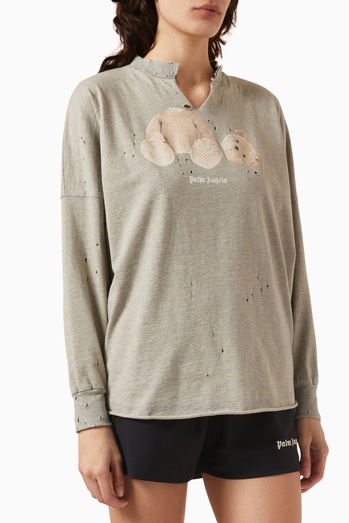 

Teddy Bear-print Ripped T-shirt in Organic Cotton, Grey