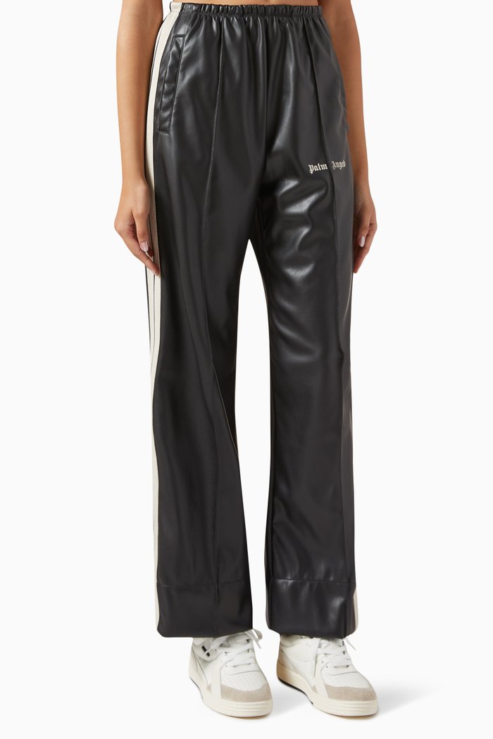 

Logo Striped Track Pants in Faux Leather, Black