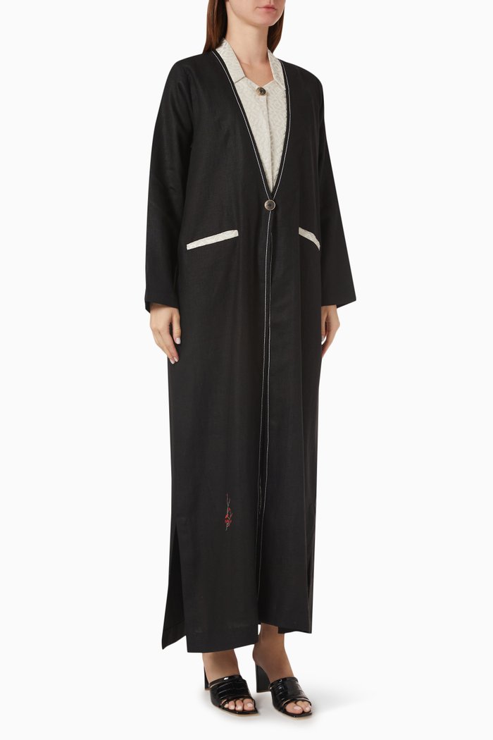

Embossed Attached Shirt Abaya in Linen, Black