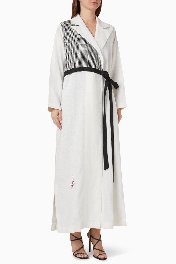 

Bow Belted Shirt-style Abaya in Linen, White