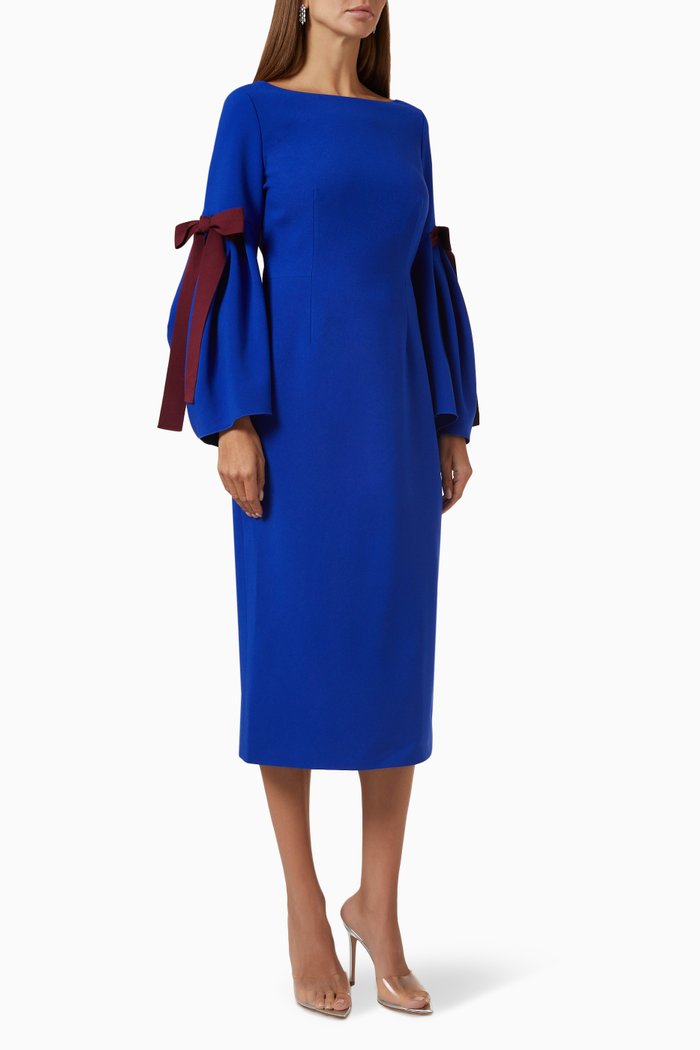 Calispi Bow Midi Dress in Crepe, Blue