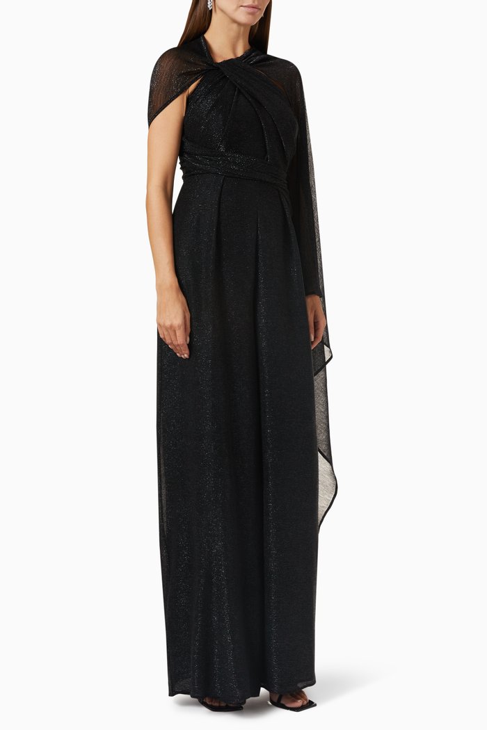 

Wide-leg Cape Jumpsuit in Metallic Voile, Black