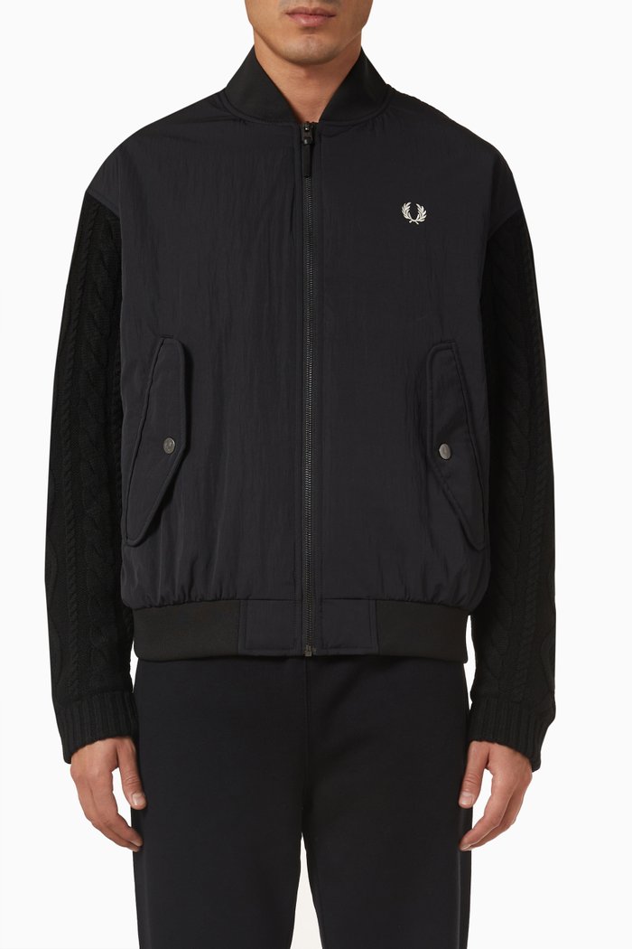 Logo Bomber Jacket in Cable Knit & Nylon, Black