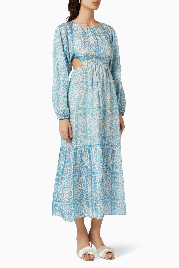 Carmen Cut-out Midi Dress in Silk, Blue