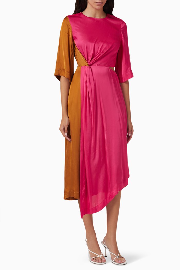 

Dakota Midi Dress in Colour-block Satin, Brown