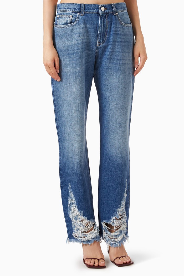 

Vintage Wash Deconstructed Straight-leg Jeans, Blue
